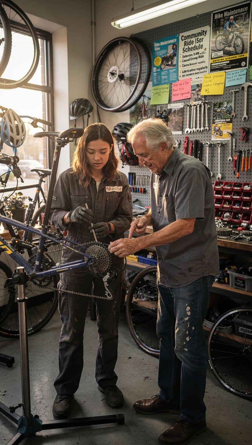 自転車のタイヤを交換しているメカニックの手元のクローズアップ