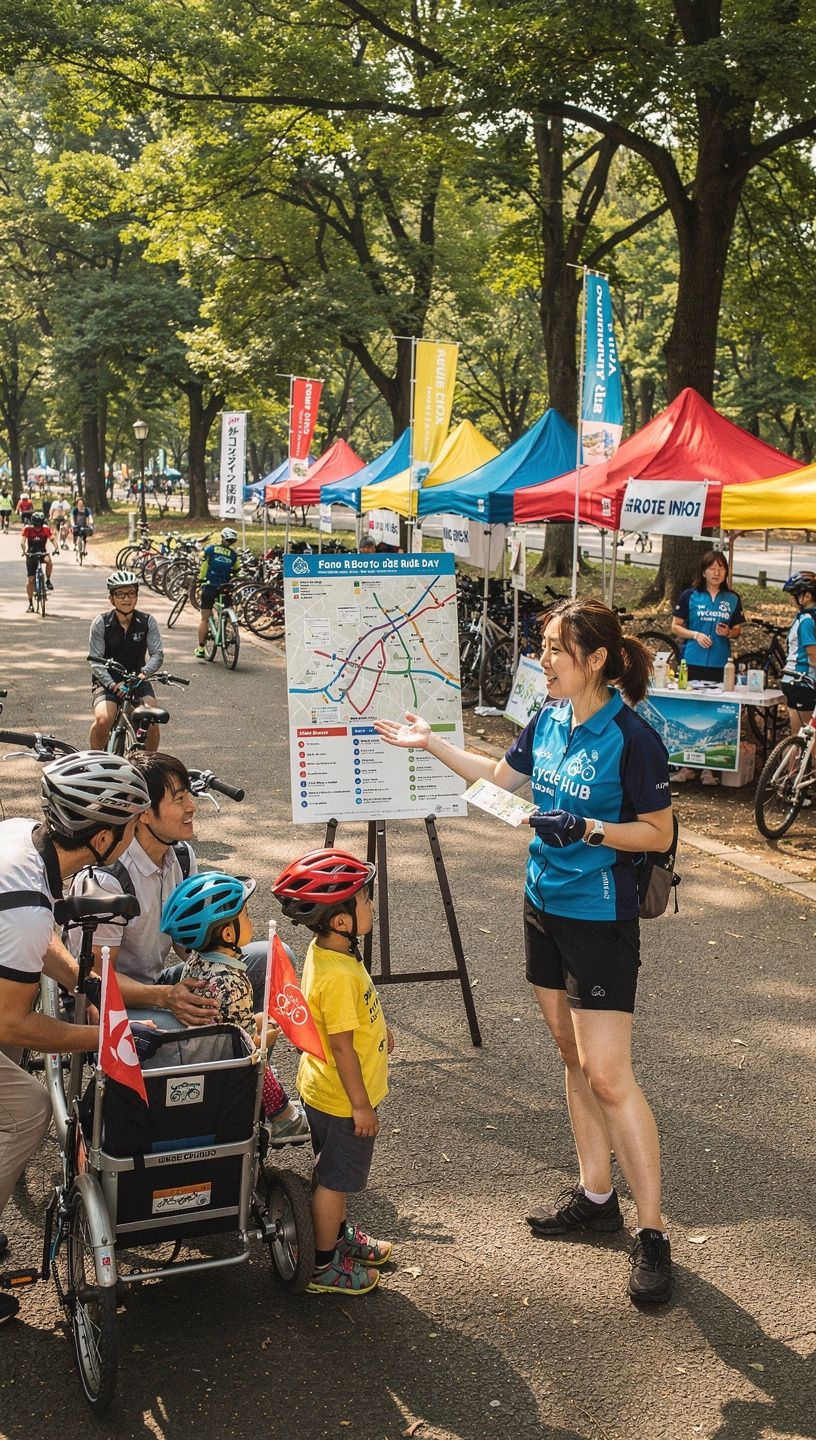地域のサイクリングルートマップを手に持つサイクリストの画像